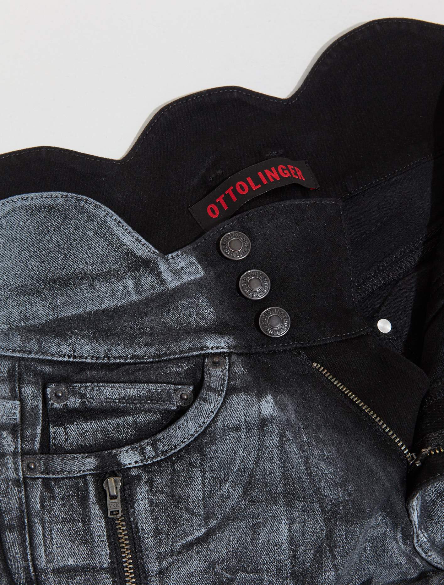 Big Waistband Drape Denim Pants in Black & White Paint - Image 2
