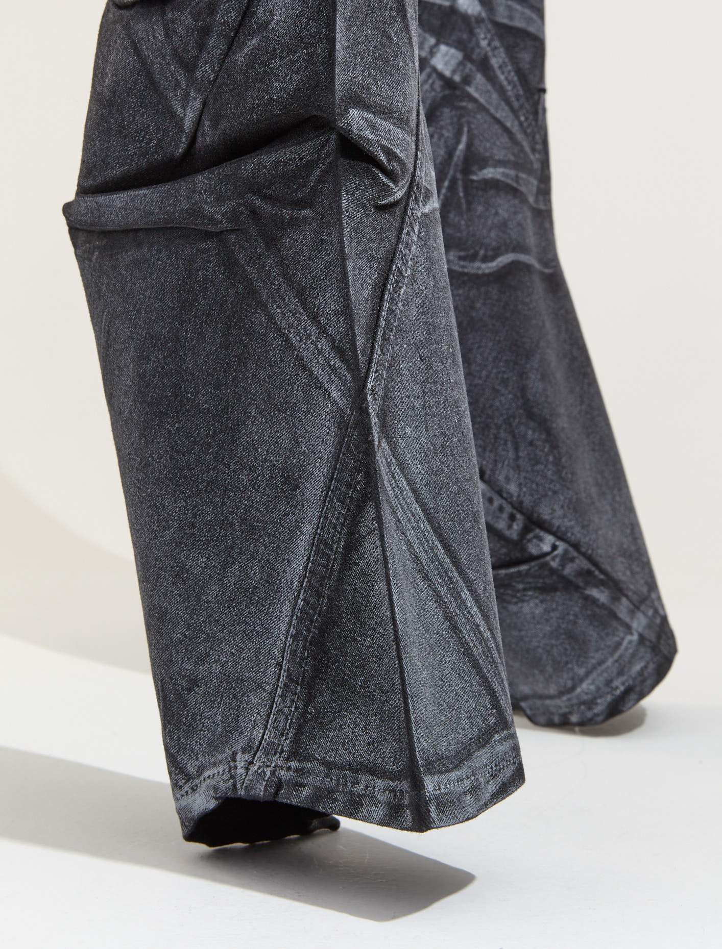 Big Waistband Drape Denim Pants in Black & White Paint - Image 5