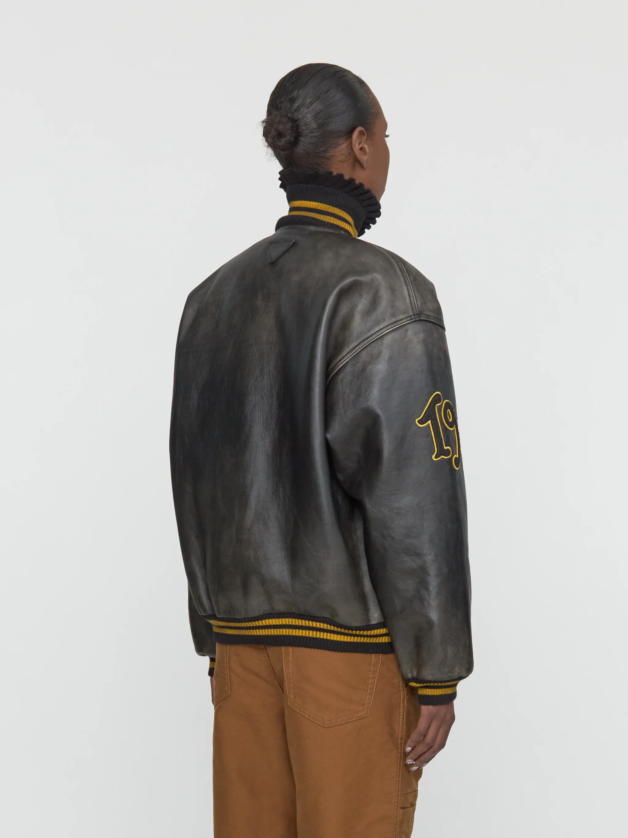 Leather Bomber Jacket with Patch in Black - Image 3