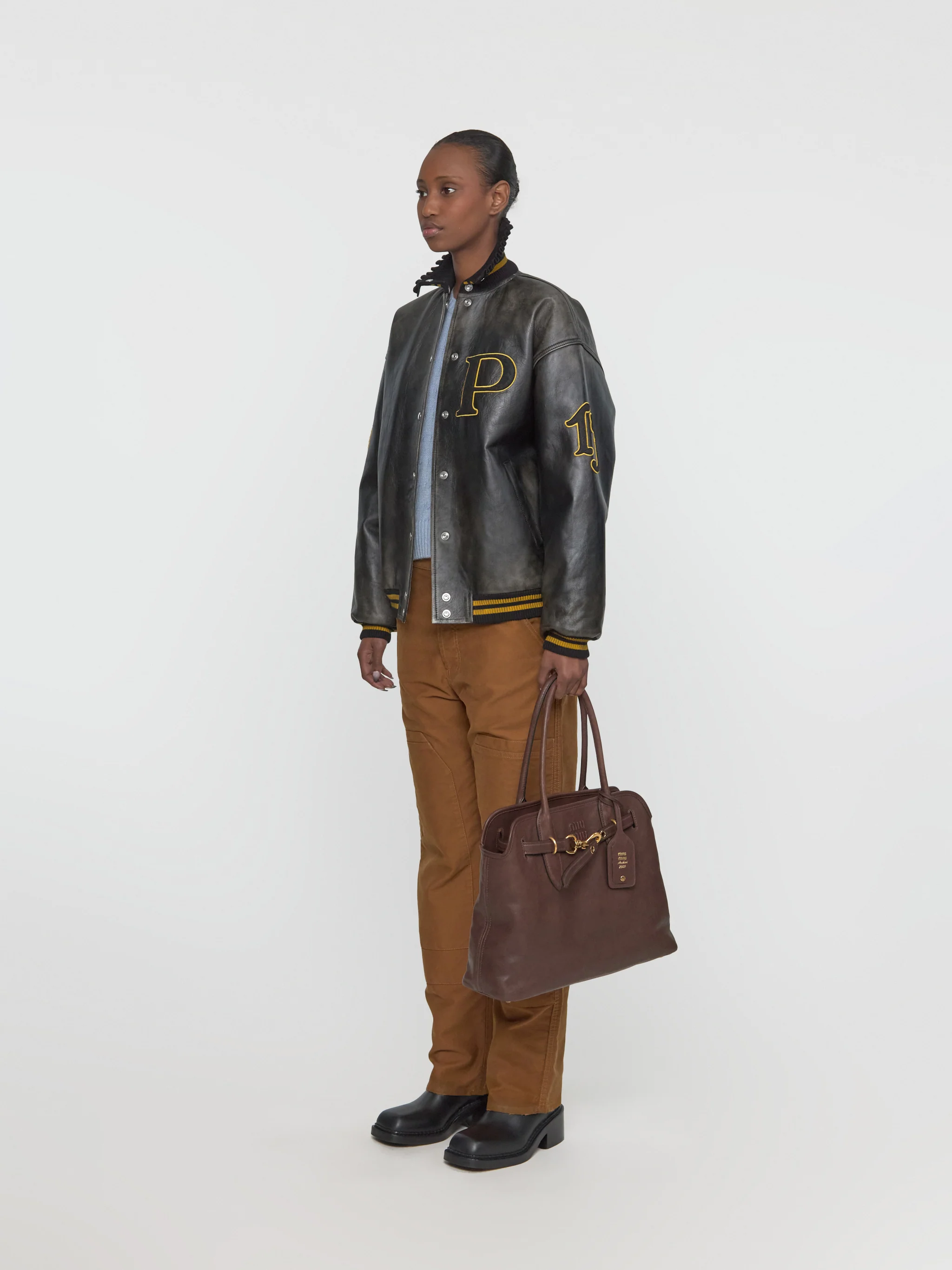 Leather Bomber Jacket with Patch in Black - Image 4