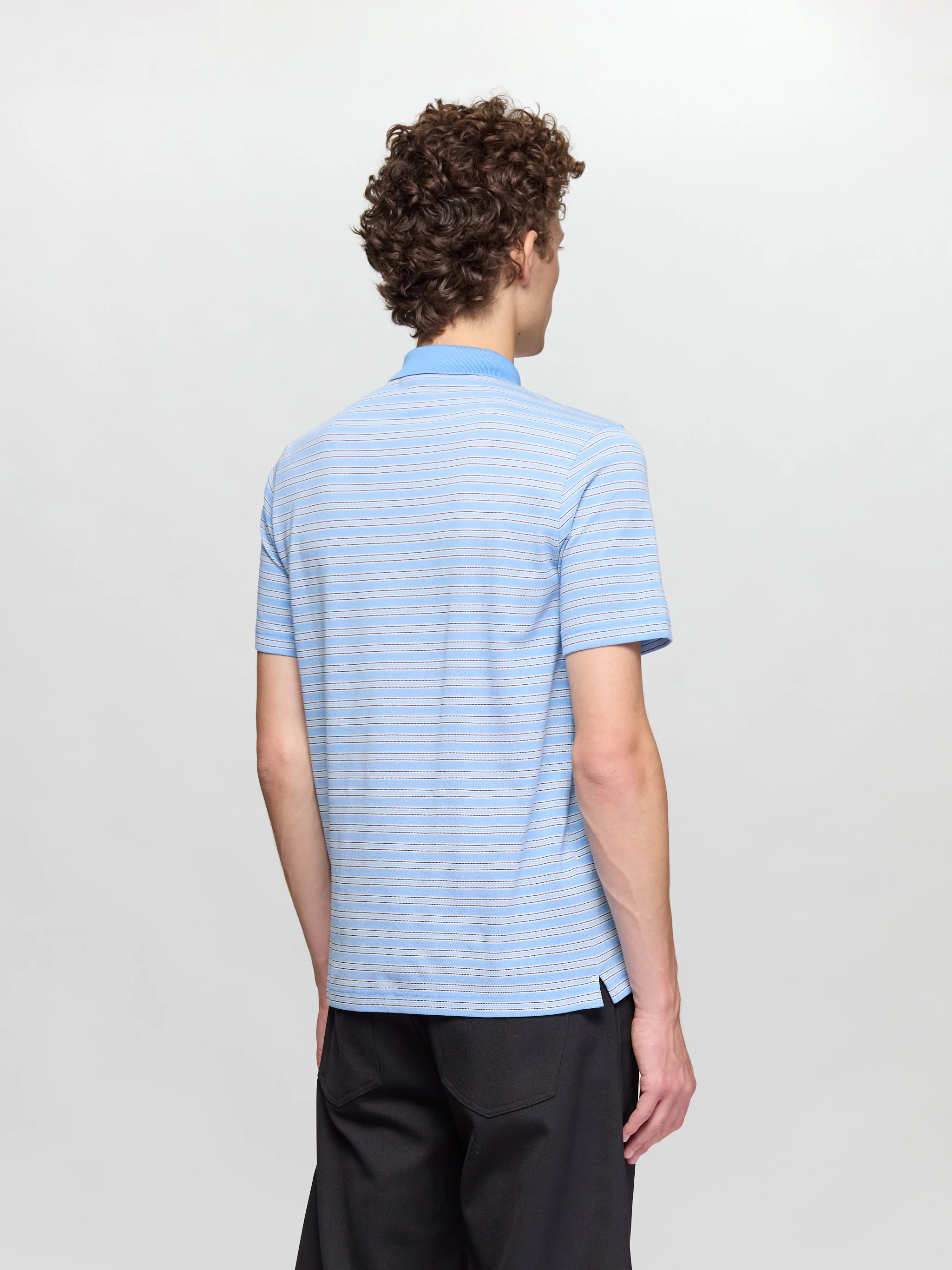 Striped Cotton Polo T-Shirt in Light Blue & Black - Image 3