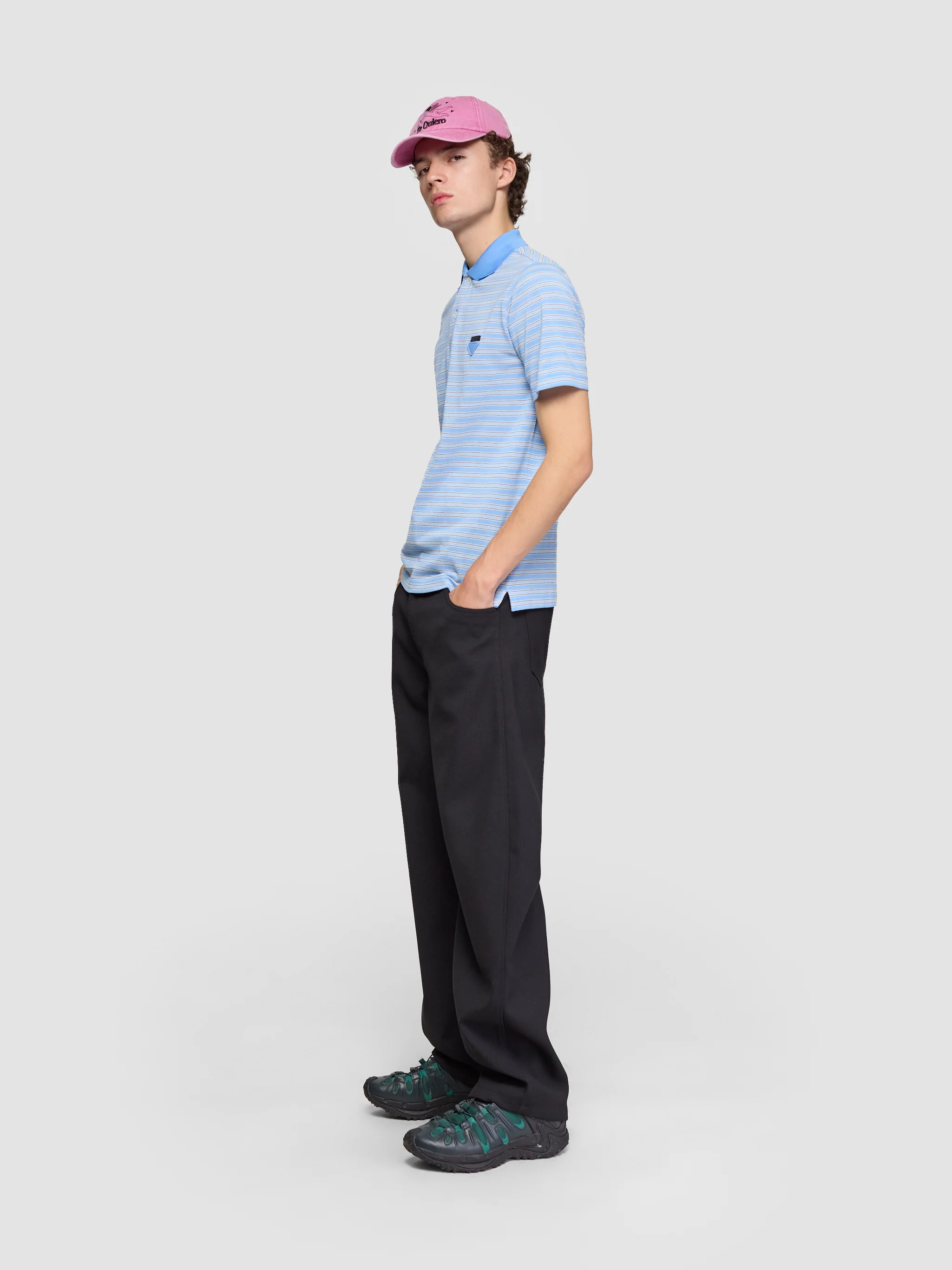 Striped Cotton Polo T-Shirt in Light Blue & Black - Image 4