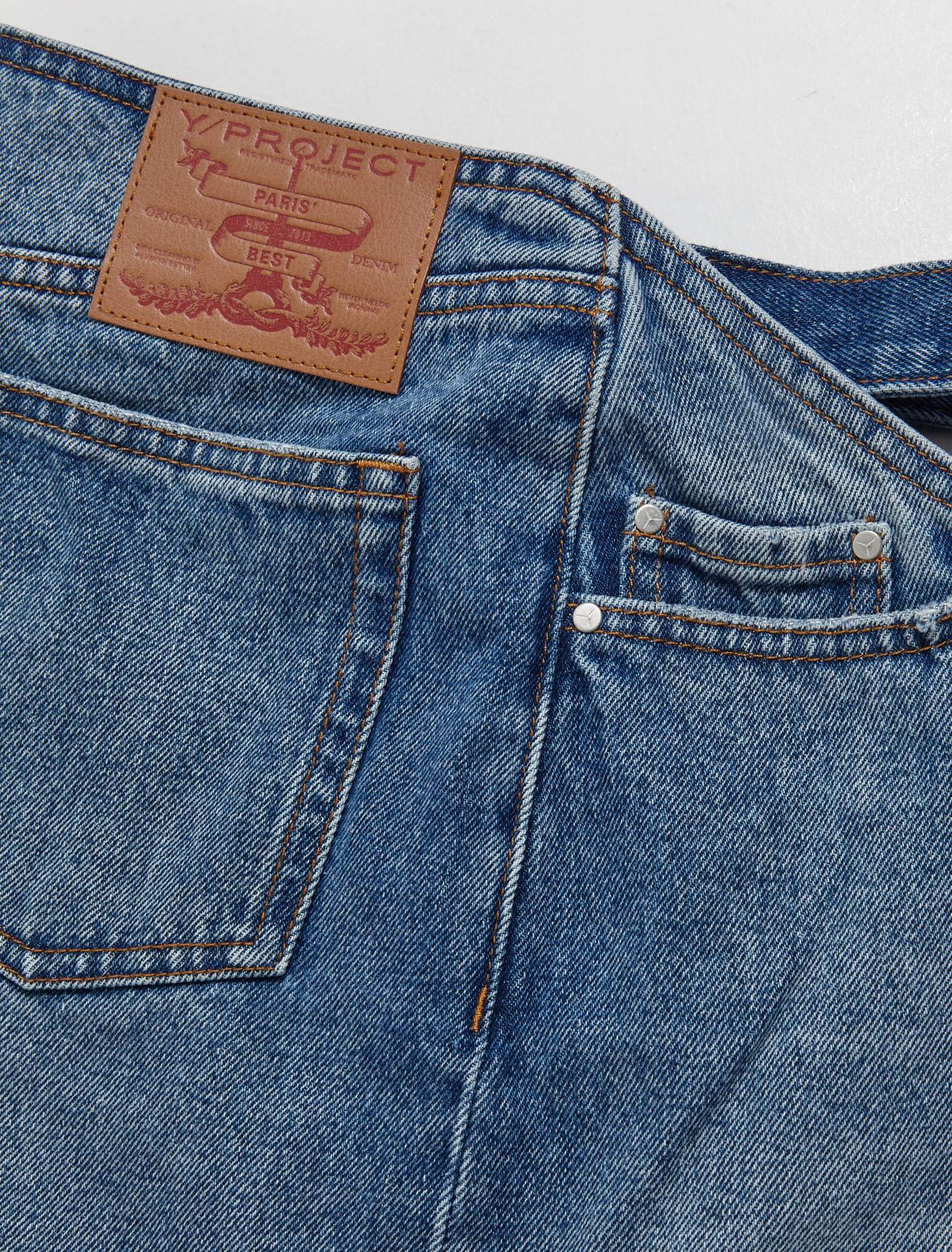 Y Belt Arc Denim Mini Skirt in Faded Blue - Image 3